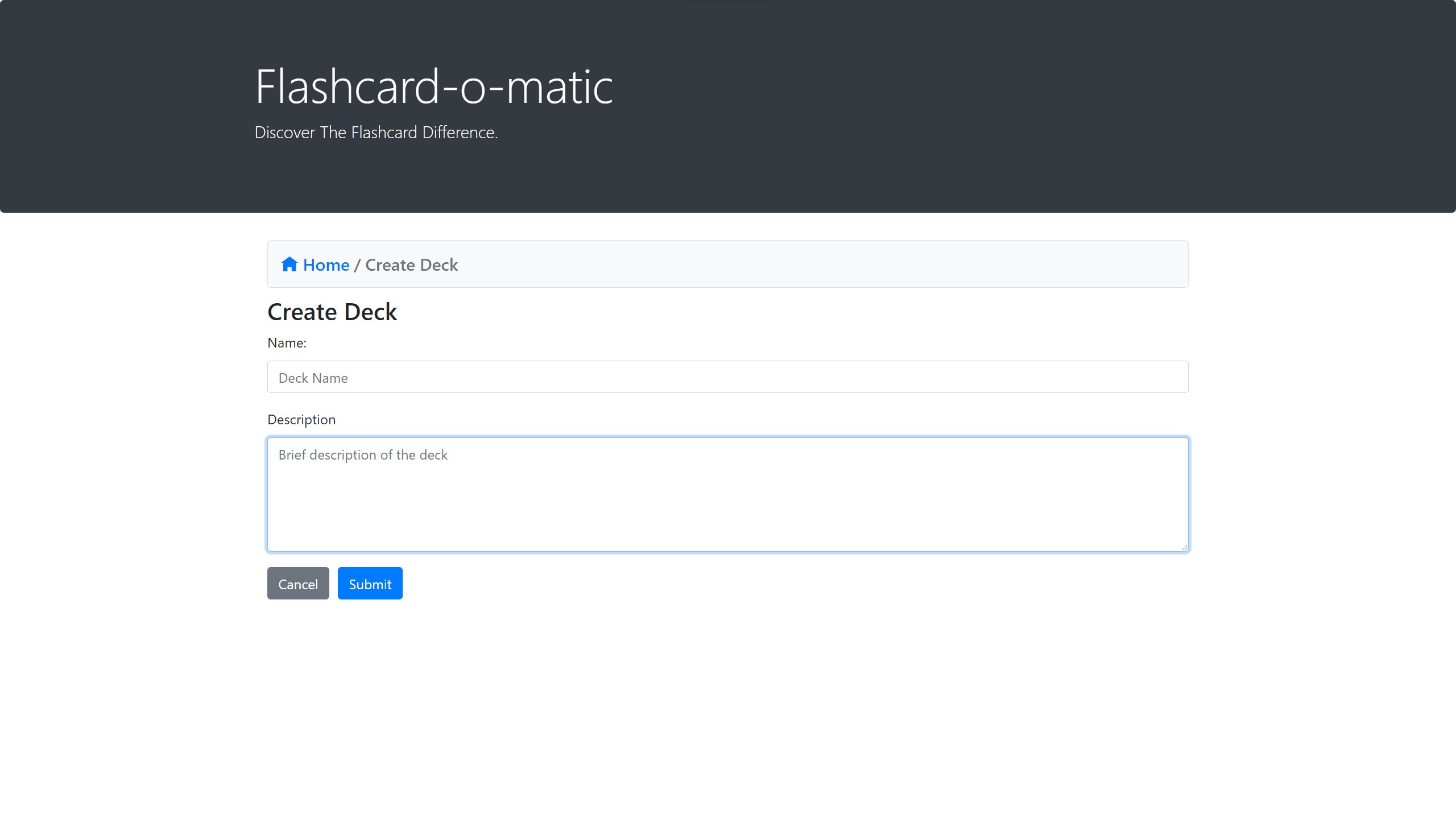 Flashcard-O-Matic create deck page