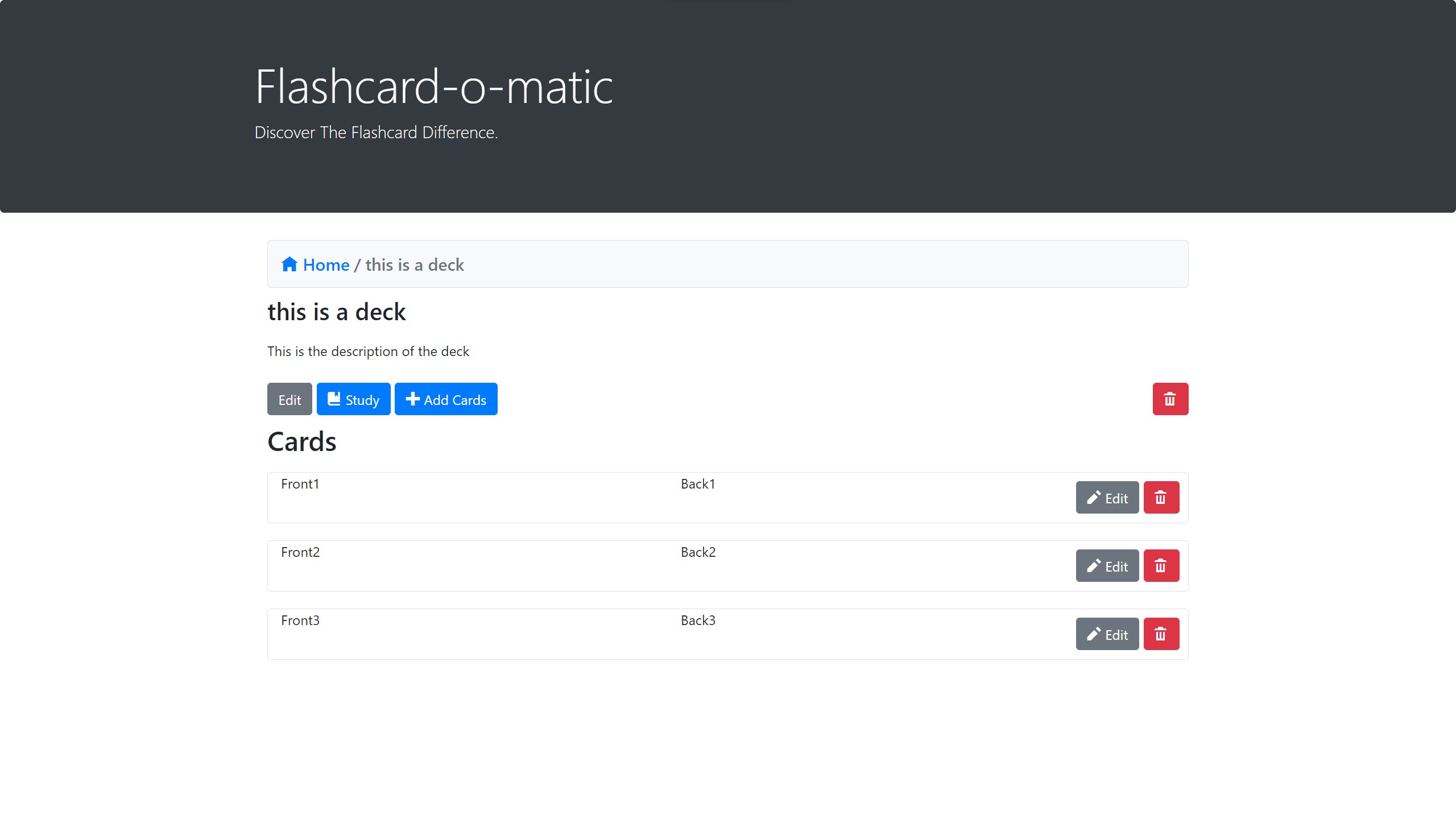 Flashcard-O-Matic view deck page