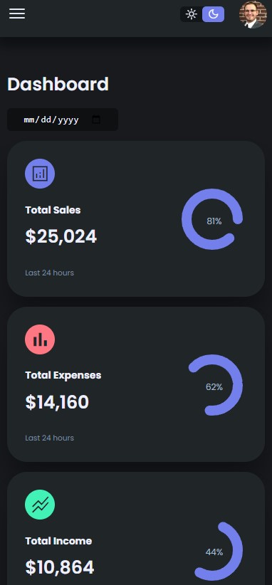 Admin Dashboard first mobile image dark mode