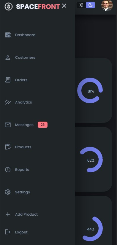 Admin Dashboard mobile sidebar image dark mode