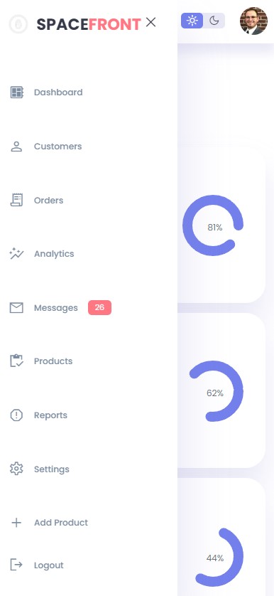 Admin Dashboard mobile sidebar image light mode