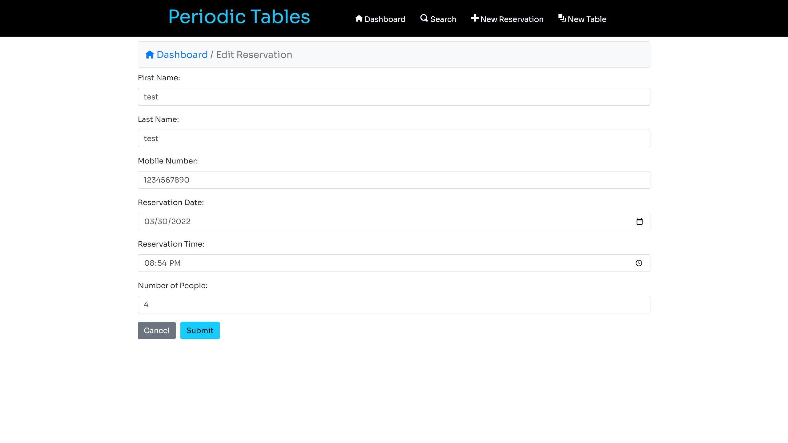 Periodic Tables edit reservation page