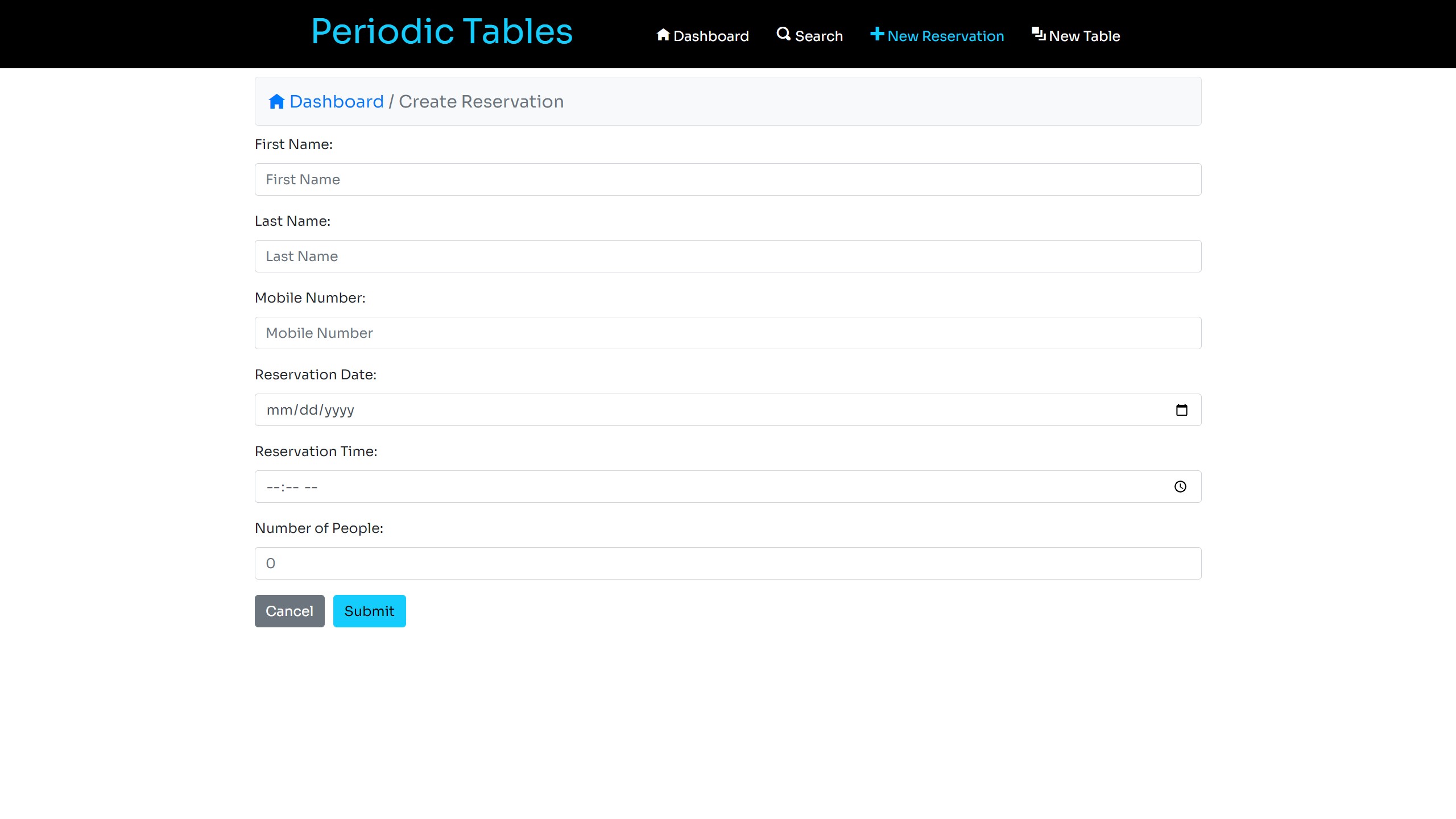 Periodic Tables new reservation page