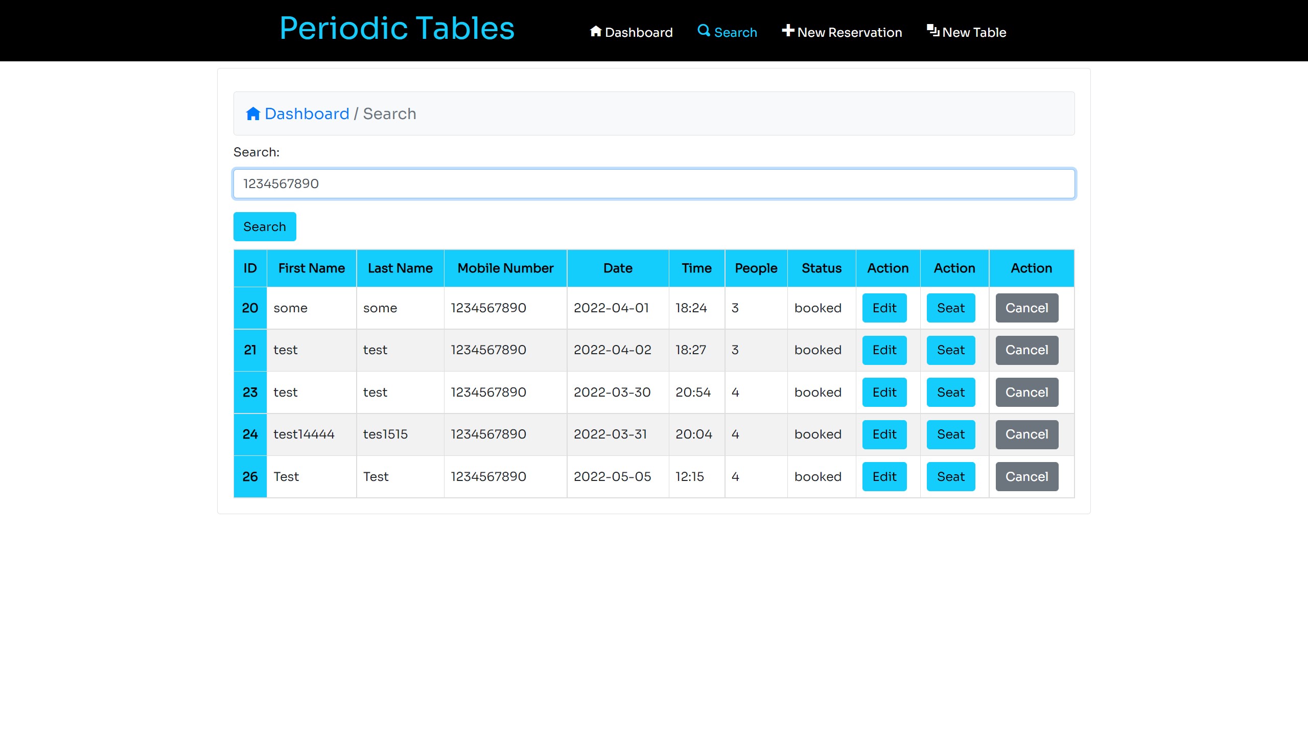 Periodic Tables search page filled